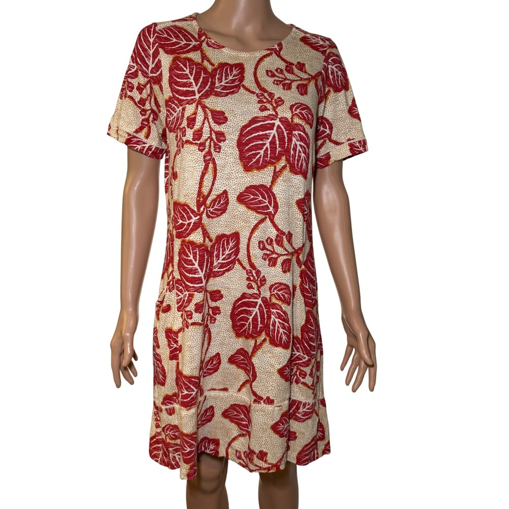 Fat Face Red Ivory Leaf Print Cotton Modal Shift Dress Pockets USA 6 UK 10